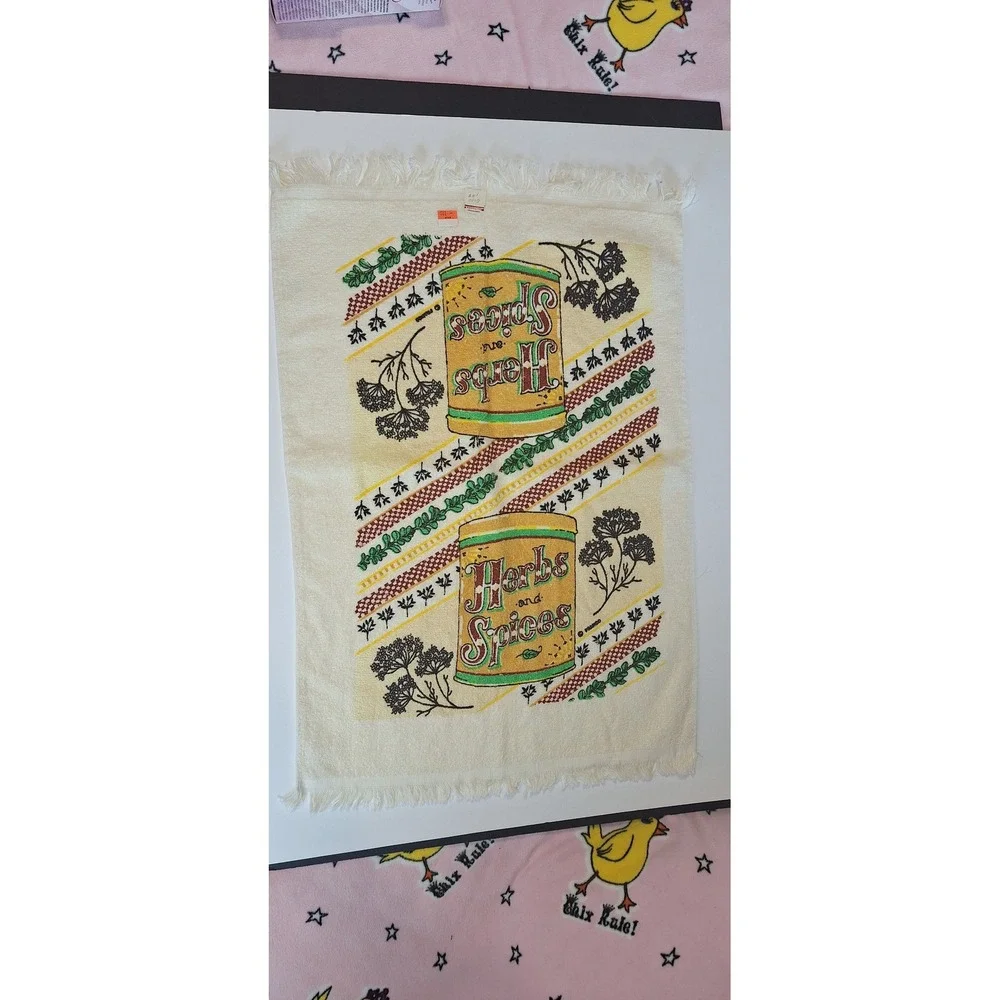 Vintage Herbs and Spices Kitchen Hand Towel Fringe Terry Cloth Made in USA Retro